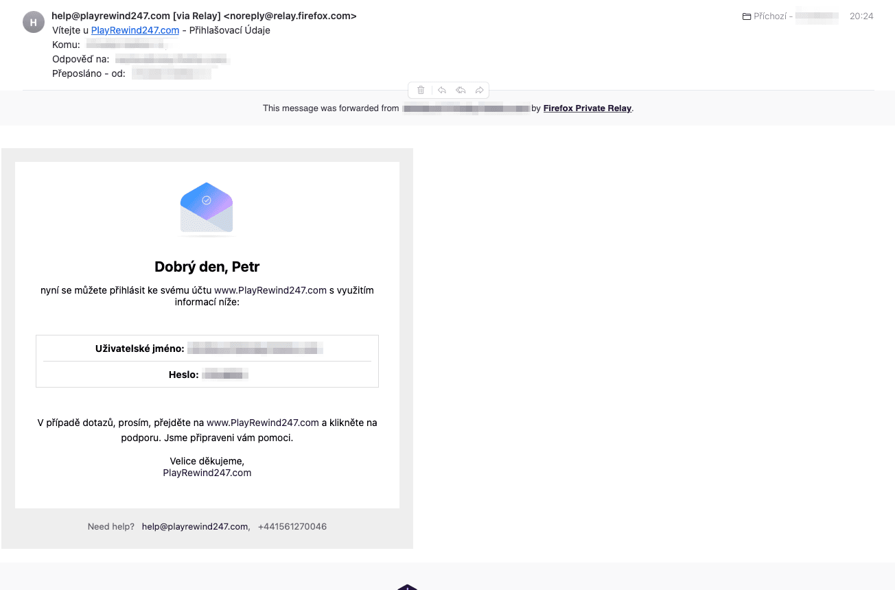 Potvrzení jsem dostal do e-mailu včetně přihlašovacích údajů do „herního portálu“. (17. 11. 2021)
