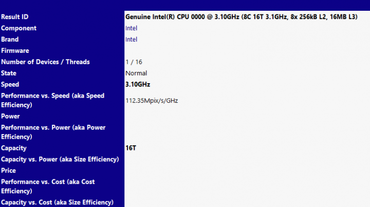 Vzorek osmijádrového Coffee Lake na taktu 3,1 GHz v databázi SiSoft Sandra