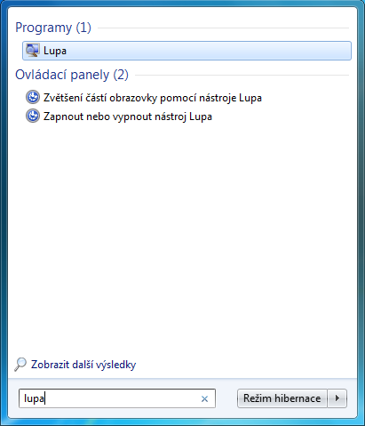 <p>Nabídka start s vyhledáváním lupy</p>