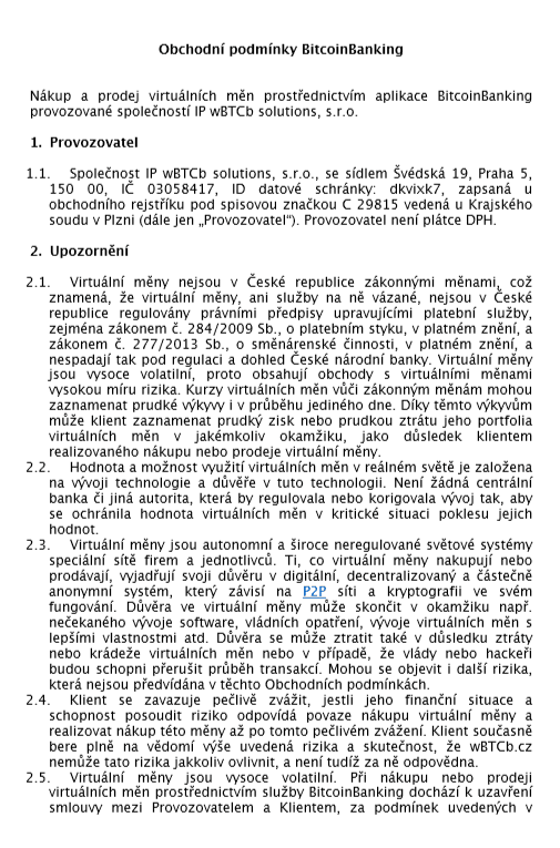 Smlouva s wBTCb o nákupu a prodeji bitcoinů.