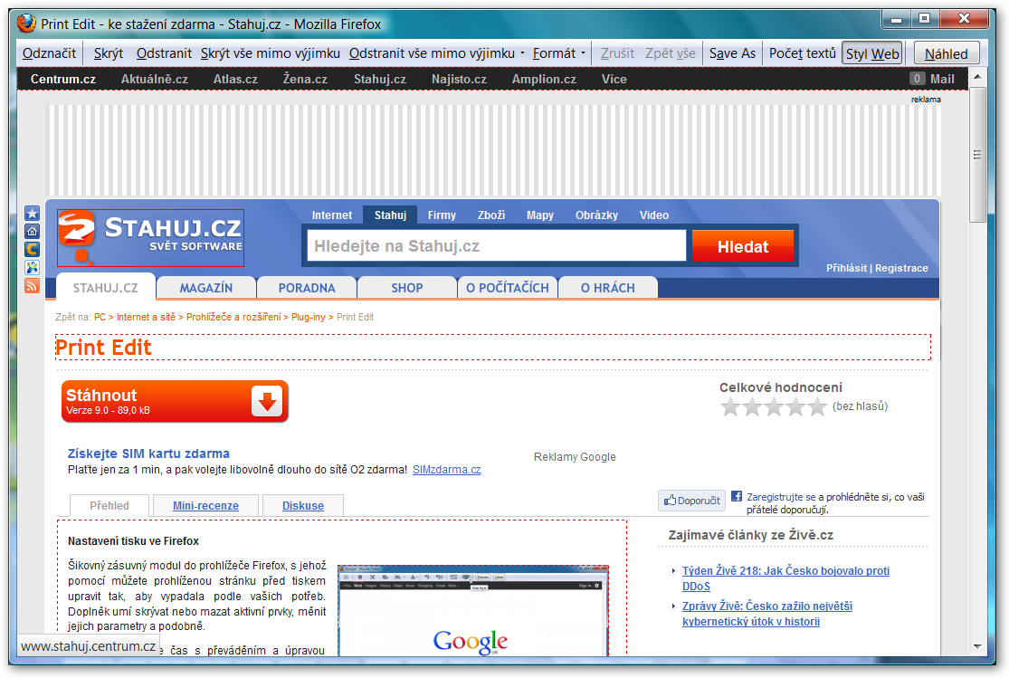Zobrazení stránky pomocí tlačítka Styl Web.