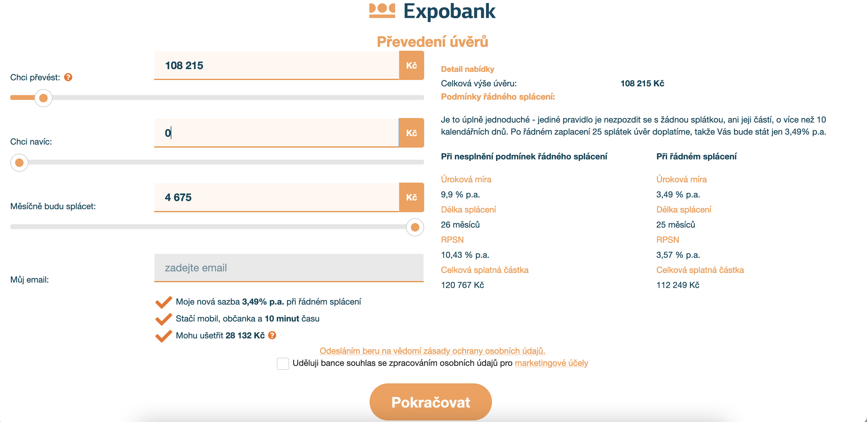 Příklad refinancování spotřebitelského úvěru od Equa bank. Převedení úvěru se sazbou 4,90 % p.a. do Expobank je stále výhodné, přestože se splatnost prodlouží na 25 měsíců z původních 18. Vlivem nižší úrokové sazby klient po refinancování zaplatí méně o 6083 Kč. Pokud by však plánoval předčasné splacení úvěru, refinancování se mu nevyplatí.