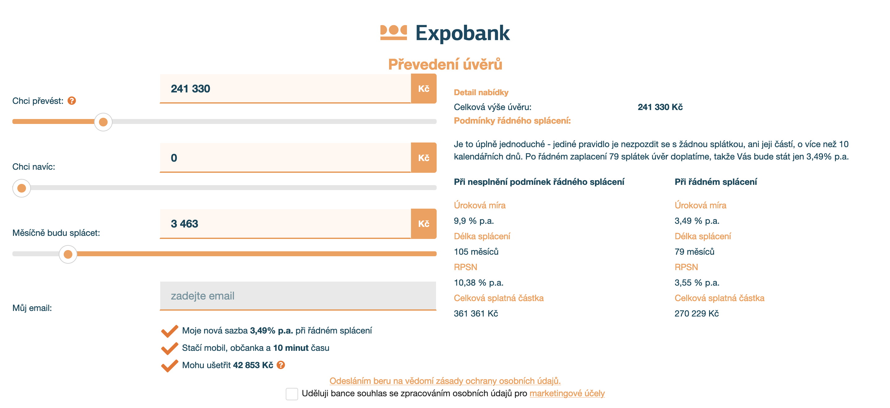 Příklad refinancování úvěru ze stavebního spoření od Stavební spořitelny České spořitelny. Převedením úvěru do Expobank by klient ušetřil 4565 Kč. Na druhé straně, úvěr ze stavebního spoření lze kdykoli bezplatně předem splatit.