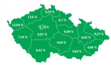 Podíl počtu osob se závazkem po splatnosti v negativním registru SOLUS na celkovém
počtu obyvatel ve věku 18 let a více v jednotlivých krajích.