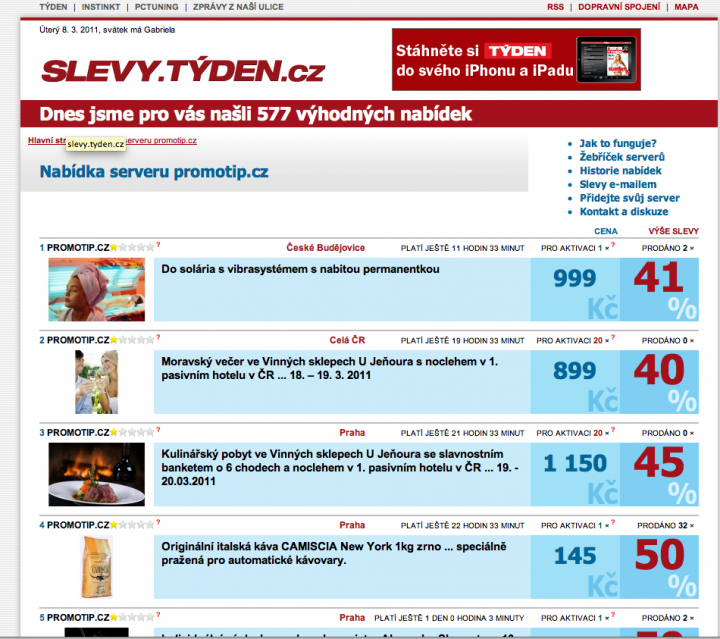 Slevy.Týden.cz: Slevový agregátor časopisu Týden nezaujme ničím jiným, než existencí.