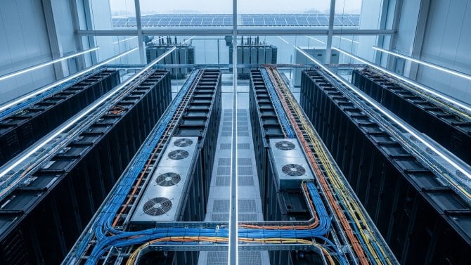 Řady serverových racků v datovém centru s chladicími jednotkami a optickými kabely, v pozadí energetická infrastruktura symbolizující technologické zázemí umělé inteligence.