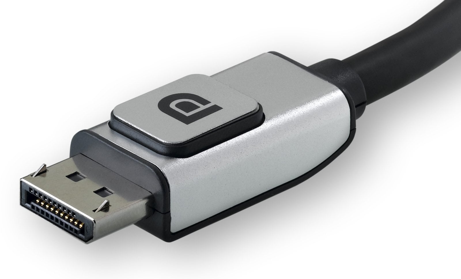 Detail konektoru DisplayPort se zajišťovacími západkami a tlačítkem pro uvolnění.