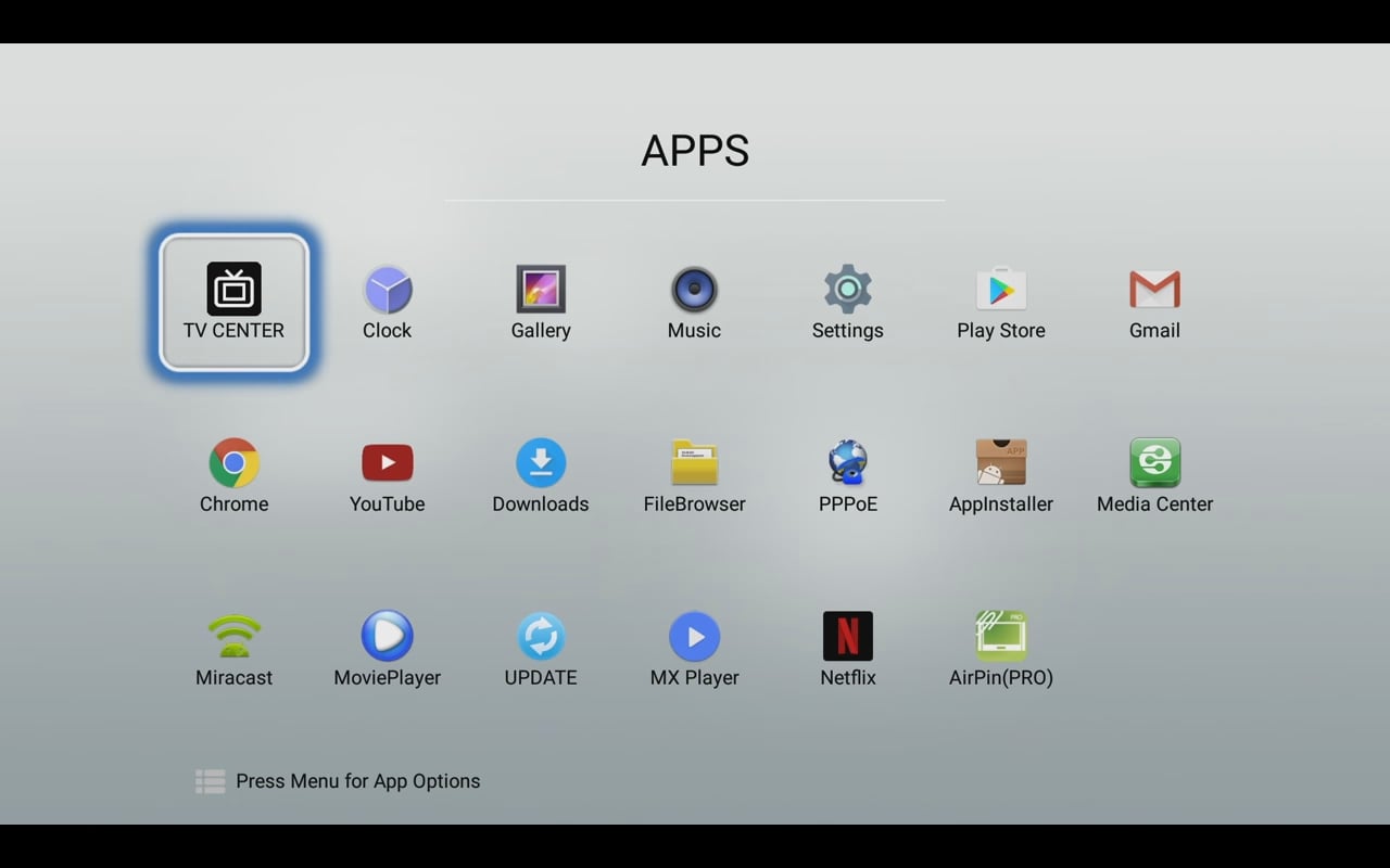 Mecool uživatelské prostředí (úvodní menu a menu aplikací)