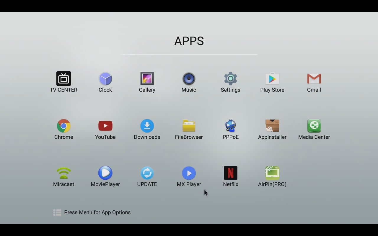 Mecool uživatelské prostředí (úvodní menu a menu aplikací)
