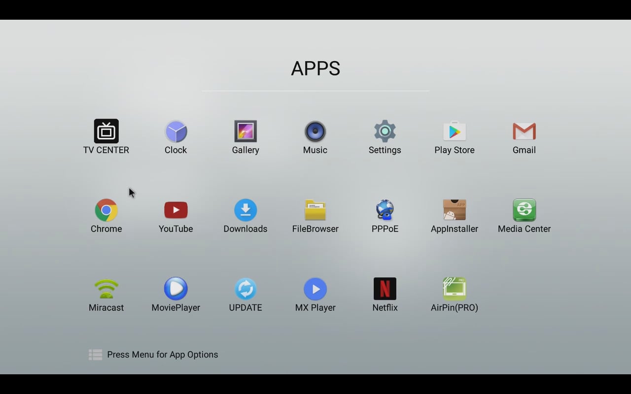 Mecool uživatelské prostředí (úvodní menu a menu aplikací)