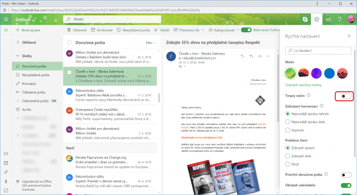 tmavý režim v novém Outlooku.com aktivujete v hlavní nabídce s nastavením