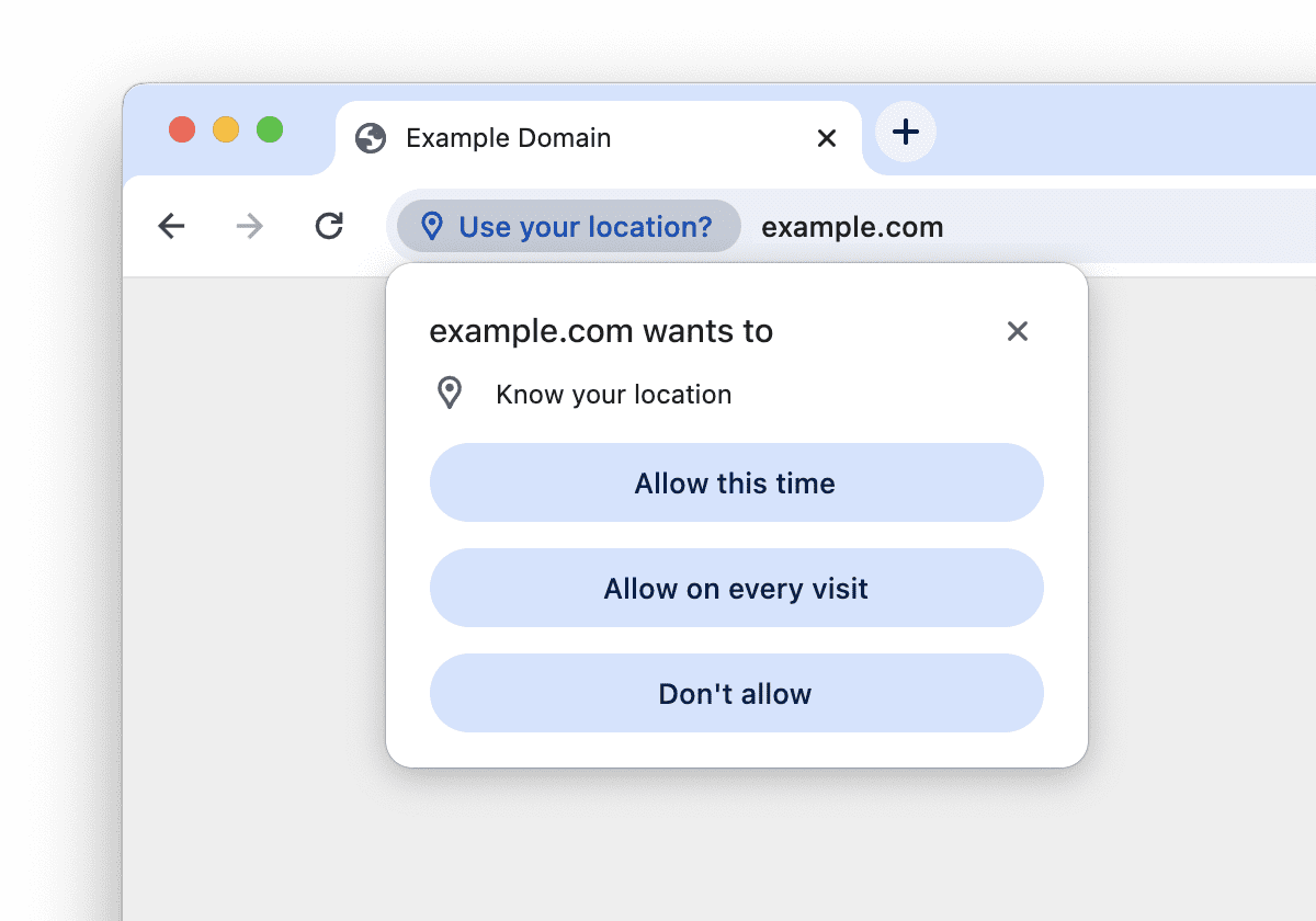 Dialog Chromu s volbami Allow this time, Allow on every visit a Don’t allow pro přístup webu k poloze.
