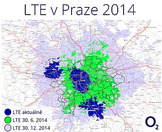 Plán pokrytí signálem LTE v Praze a okolí do konce letošního roku.