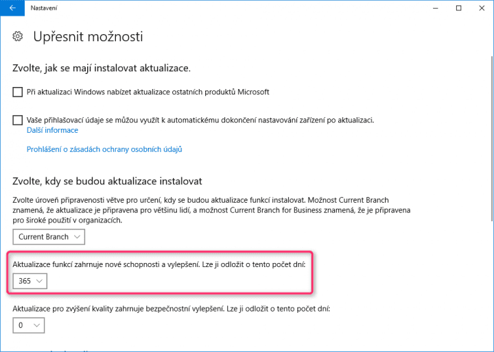 Ve Windows 10 Pro a vyšších můžete instalaci hlavních verzí systému pozastavit až o 365 dní