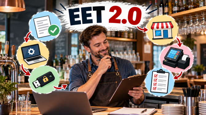 Muž za barem, kolem kterého je návod na EET 2.0