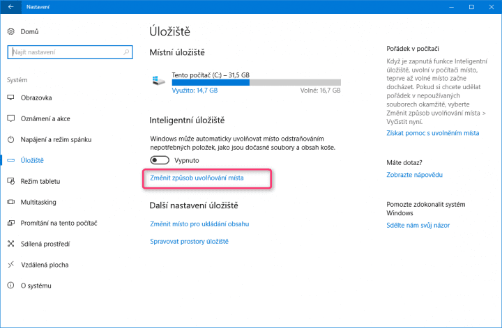 Klepněte na Změnit způsob uvolňování místa