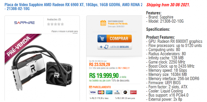 AMD Radeon RX 6900 XT LC vyráběný Sapphire v brazilském obchodě