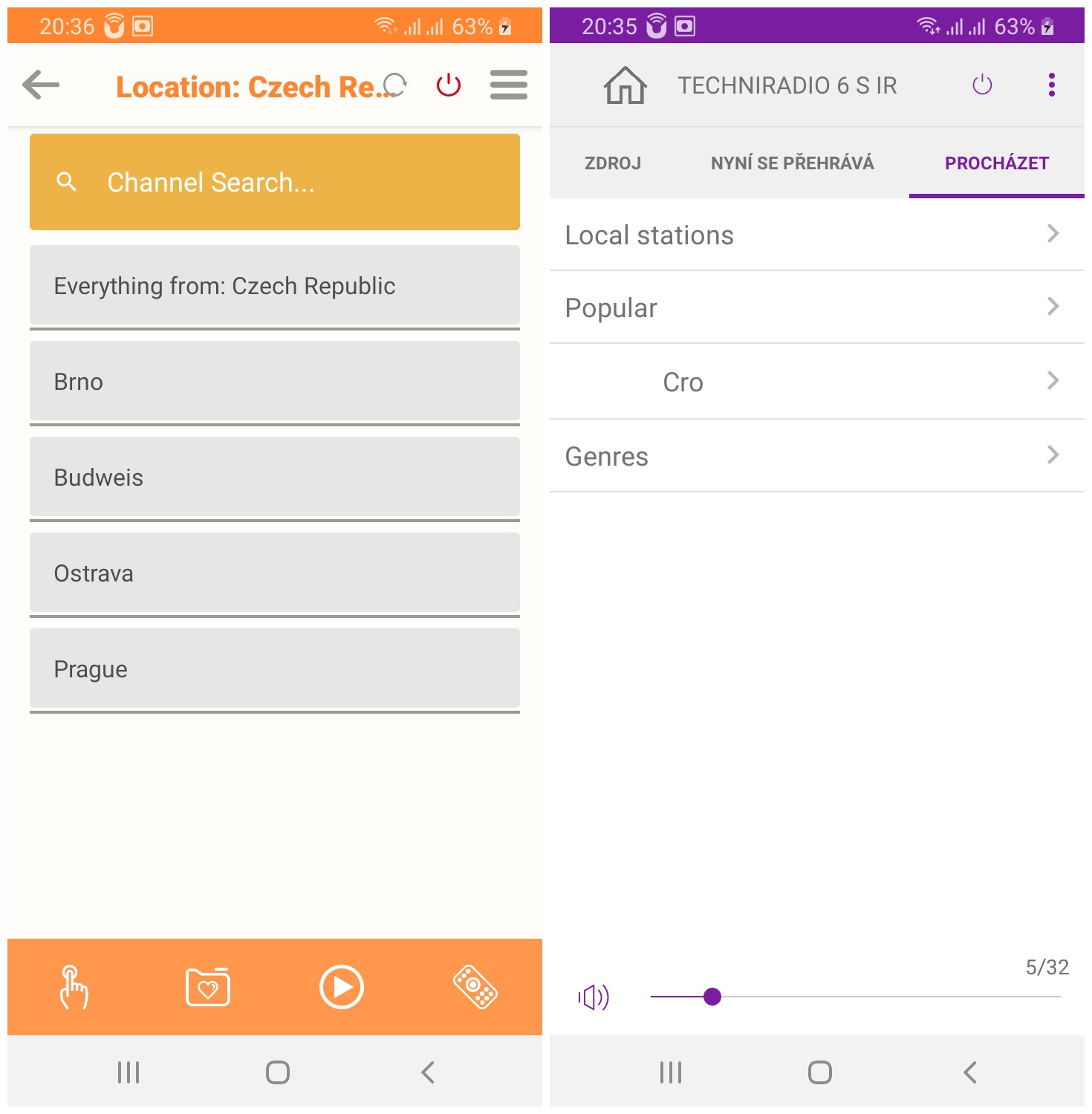 Menu pro místní stanice z České republiky (vlevo aplikace Soundmate, vpravo aplikace Undok)