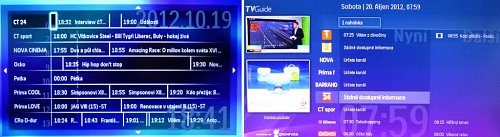 Vlevo je EPG přijímané z DVB-T, vpravo EPG (TV Guide) přijímané přes internet. Všimněte si nápisu „1 nahrávka“, přes který vstoupíte do seznamu nahraných pořadů. V náhledu vlevo tuto možnost nemáte. Přes něj se na pořad můžete nechat upozornit, ale už ho nemůžete nahrát.