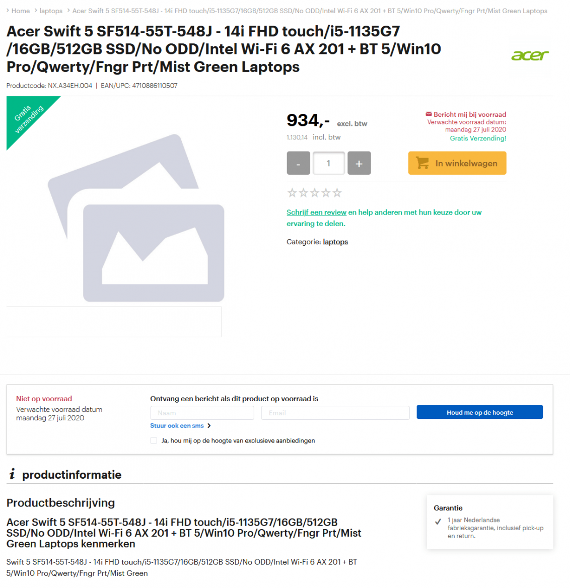 Notebook Acer s procesorem Core i5-1135G7 