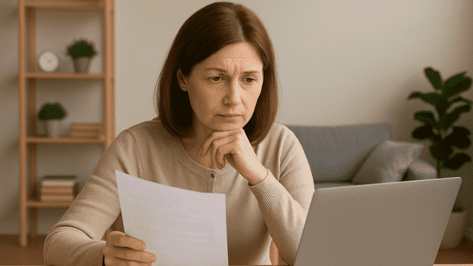 Paní sedí u notebooku zamyšleně studuje dokumenty