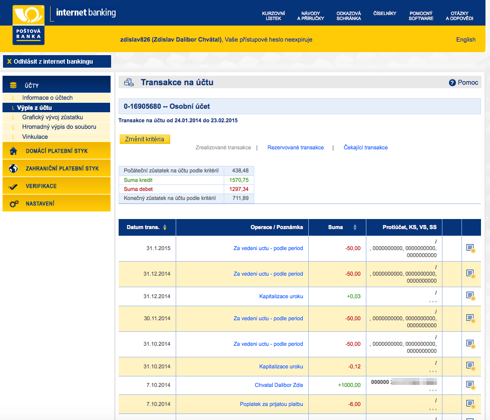 Poštová banka. Internetové bankovnictví. 25.02.2015