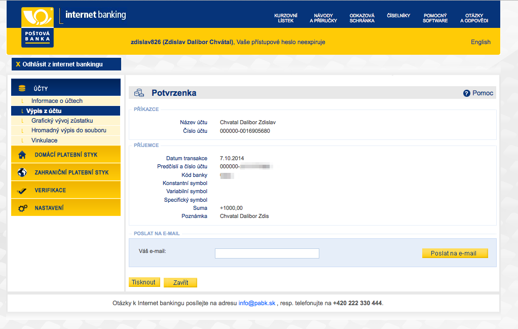 Poštová banka. Internetové bankovnictví. 25.02.2015