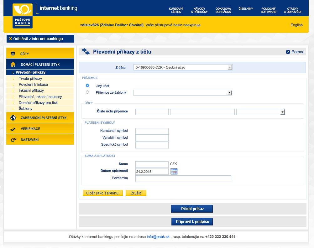 Poštová banka. Internetové bankovnictví. 25.02.2015