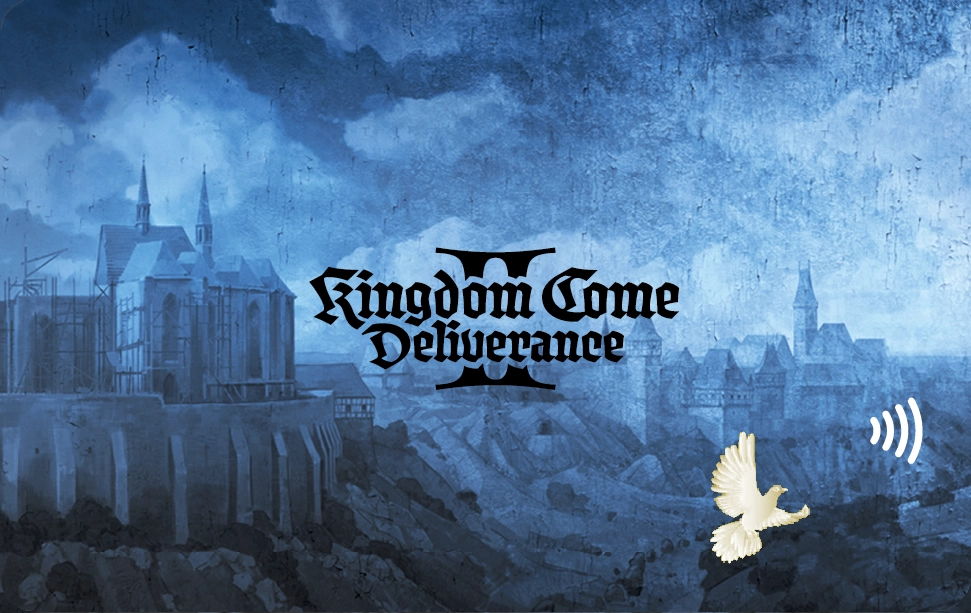 Zadní strana svítící platební karty České spořitelny s motivem Jindřicha, hlavního hrdiny středověké hry Kingdom Come: Delivarence II od Warehorse Studios