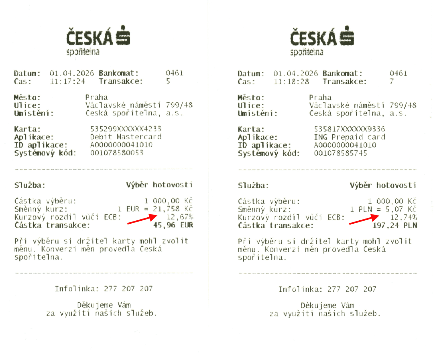 ATM České spořitelny. Přirážka DCC: 12,67 % EUR a 12,74 % PLN. Poplatek 0 Kč. (01. 04. 2026)