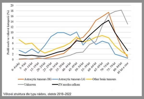 Věková struktura pacientů s nádory mozku v letech 20218 až 2022