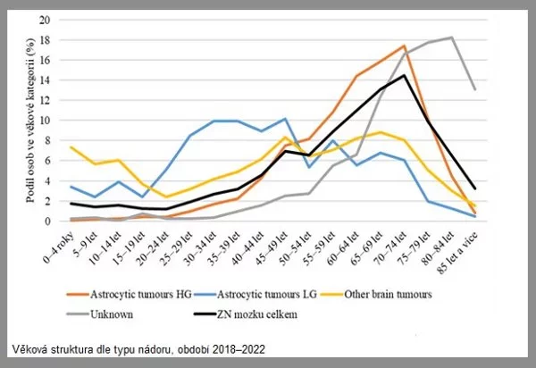 Věková struktura pacientů s nádory mozku v letech 20218 až 2022