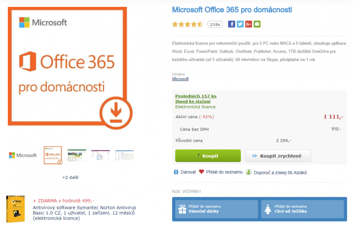 Office 365 pro domácnosti za 1111 Kč v Alze