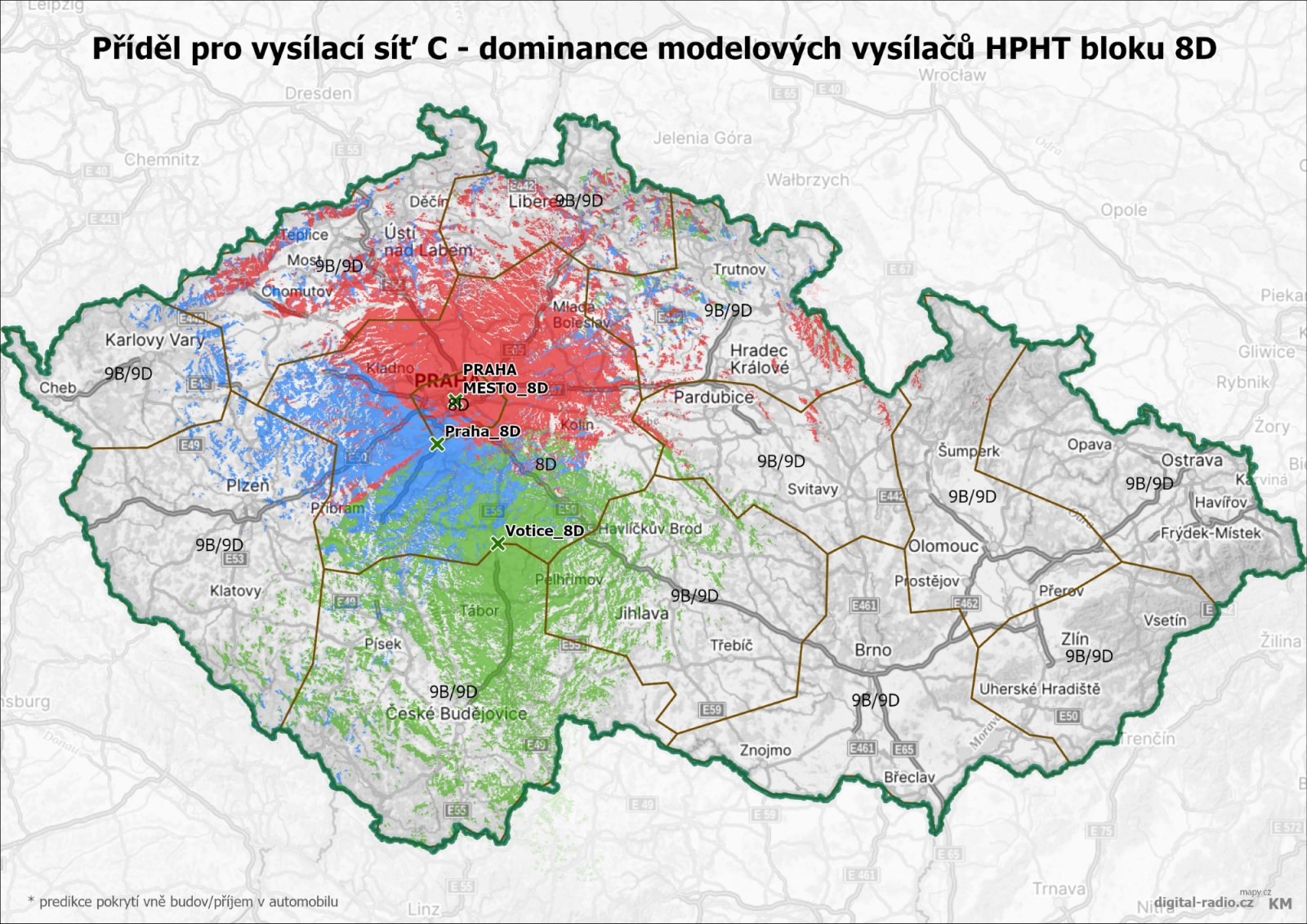 DAB+ Vysílací síť C - dominance modelových vysílačů