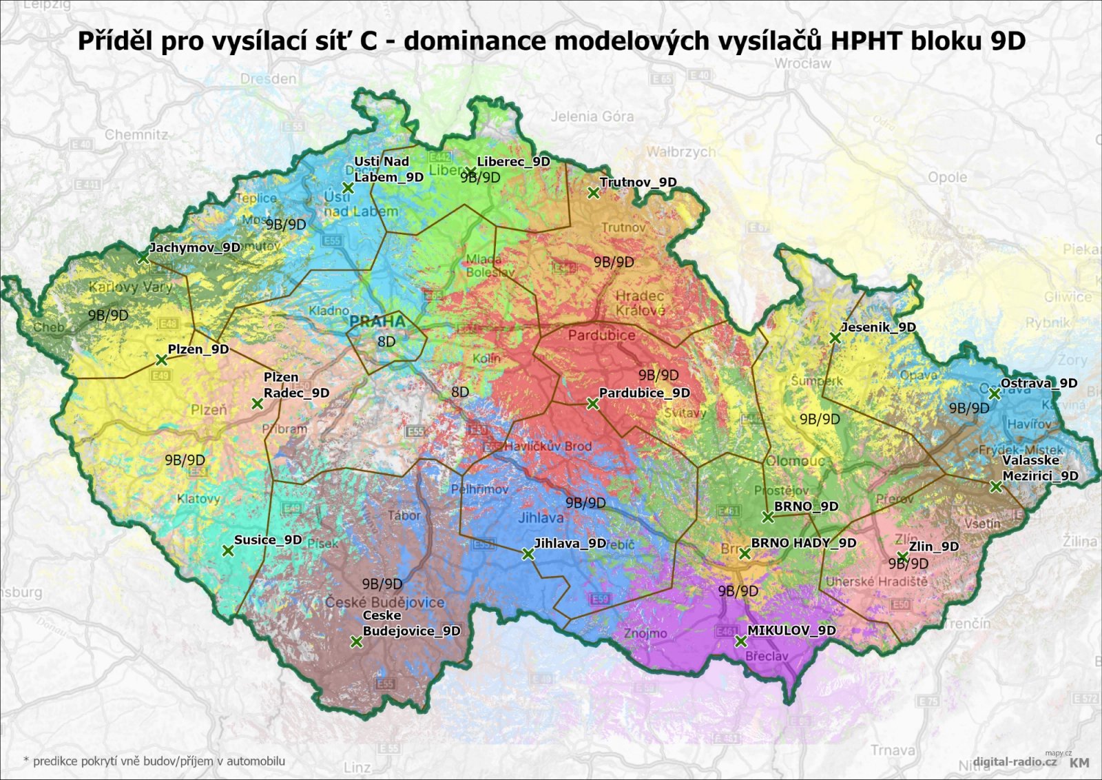 DAB+ Vysílací síť C - dominance modelových vysílačů