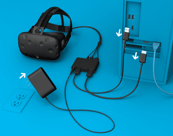 Takto komplikovaně se připojuje k PC a k elektřině HTC Vive. Jediný kabel by byl docela slušné ergonomické zlepšení