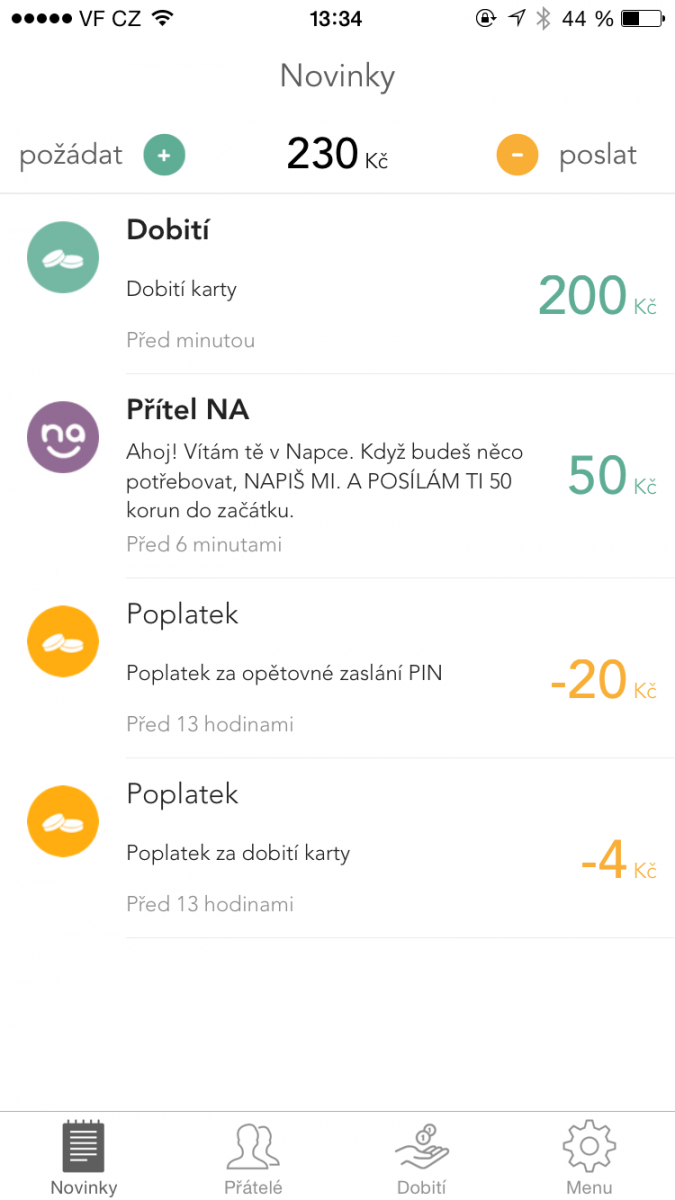 Hlavní stránka se souhrnnými informacemi o transakční historii.