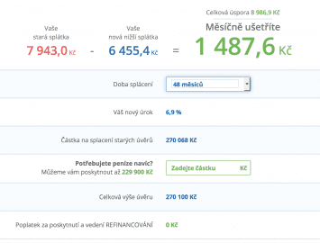 Propočet nové splátky refinancované půjčky na 270 100 Kč při splatnosti 48 měsíců.