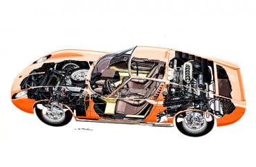 Rentgenová kresba ukazuje nejen interiér Miury, ale také absenci zavazadelníku i monumentální vidlicový dvanáctiválec