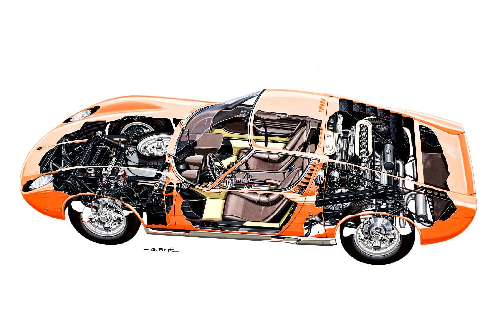 Rentgenová kresba ukazuje nejen interiér Miury, ale také absenci zavazadelníku i monumentální vidlicový dvanáctiválec