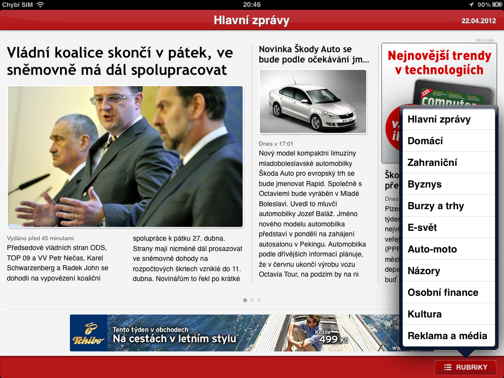 Deník E15 nabízí snadné přepínání mezi kategoriemi