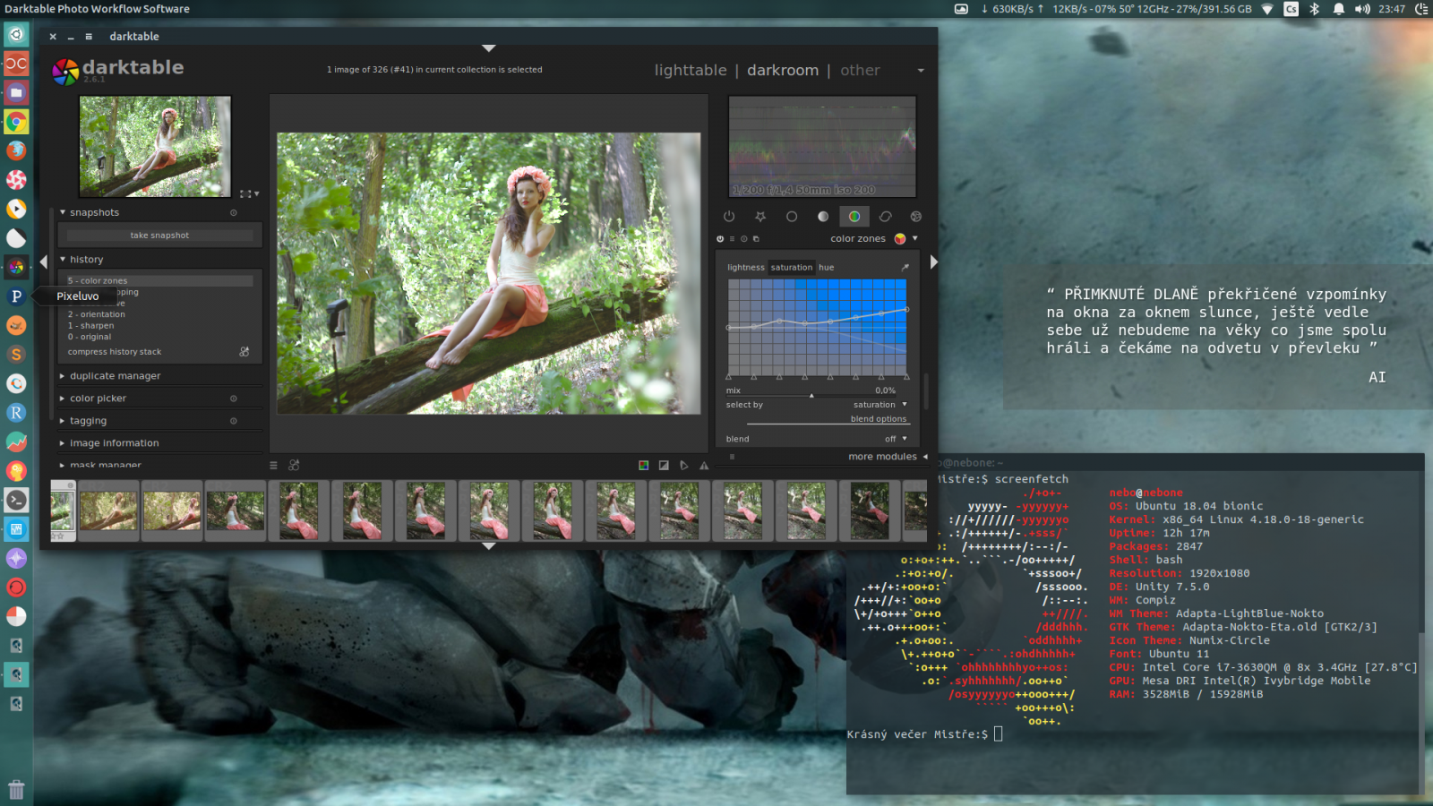 V jednoduchosti a efektivitě Unity při práci nalézám nepřeberně elegance. Ubuntu 18.04.2 LTS: detaily v screenfetch. Milovaná Darktable na úpravu fotografií (všem vřele doporučuji), Variety řídící automatickou změnu pozadí jsem vylepšil o promítání sbírky básní složené A.I., zdrojem jsou velké datasety z projektu "Poezie umělého světa" od Jiřího Materny.