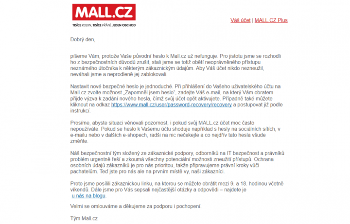 Varovný e-mail od Mall.cz