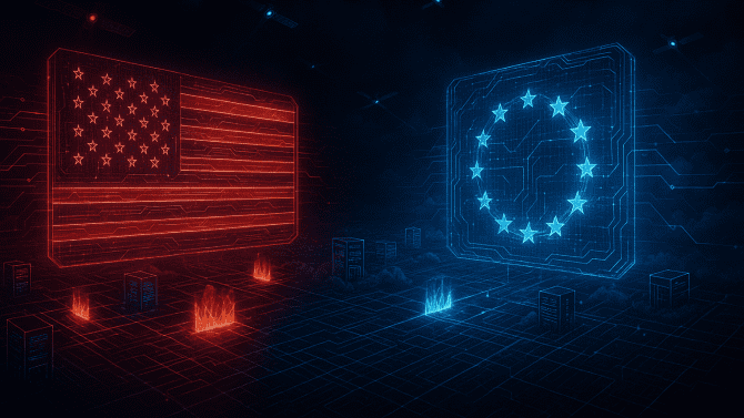 Virtuální střet USA a EU v kyberprostoru: červený hologram vlajky USA proti modrému symbolu EU, mezi nimi síť serverů a firewally.