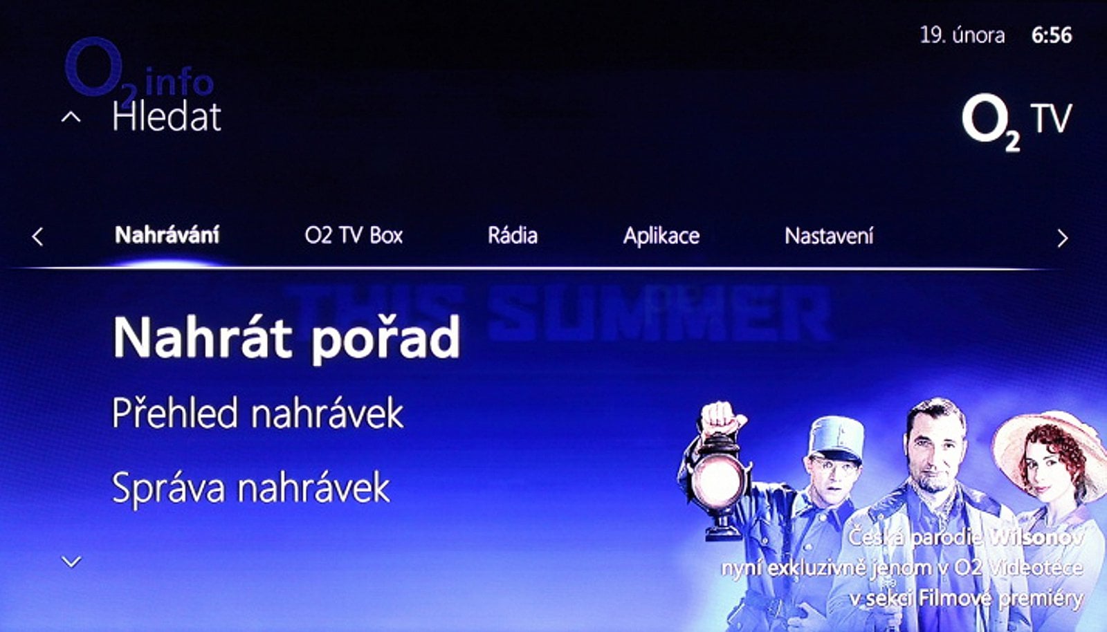 Uživatelské prostředí  O2 TV – hlavní menu