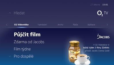 Uživatelské prostředí  O2 TV – hlavní menu