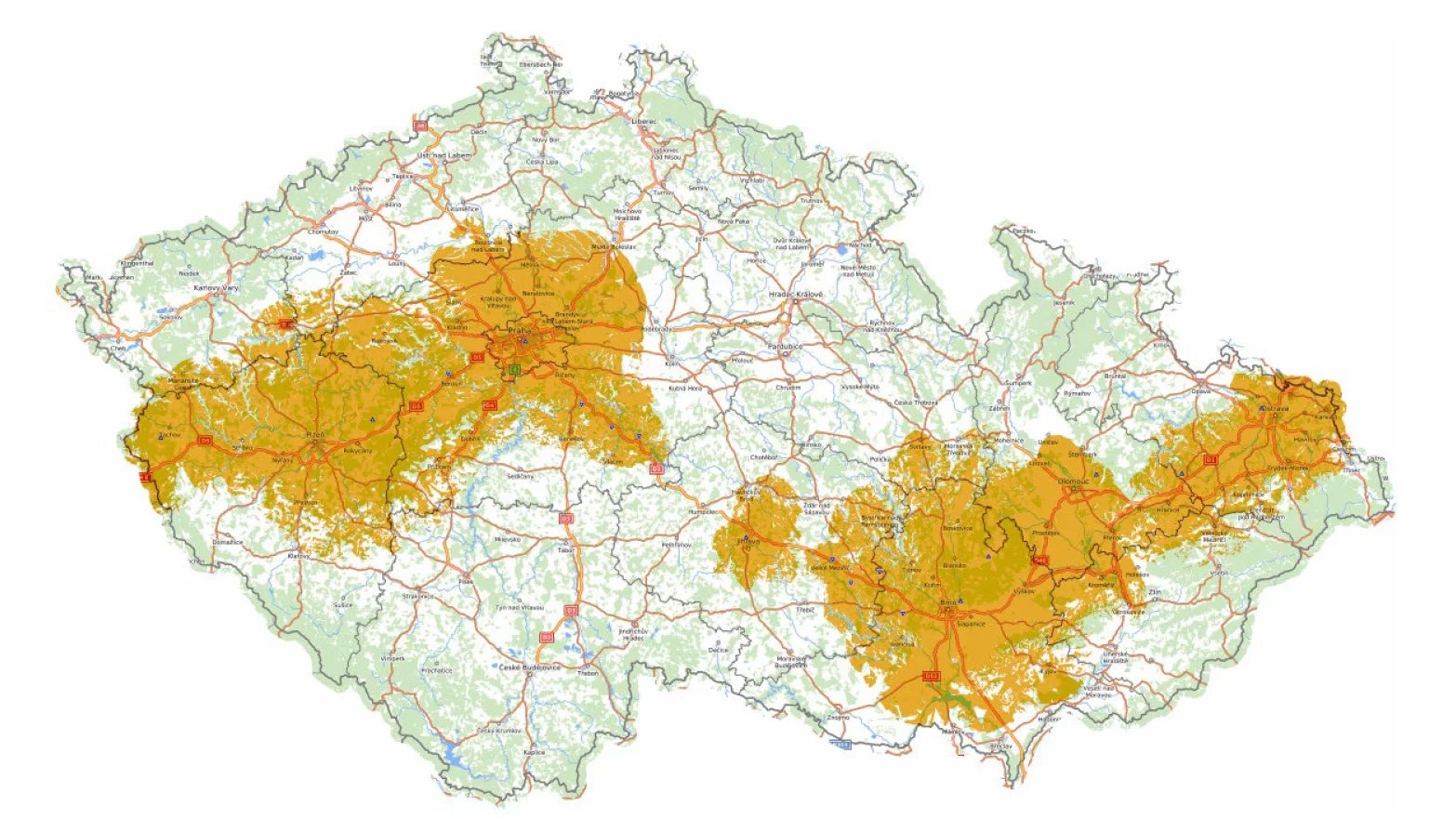 Úvodní pokrytí DAB+ Vysílací sítě B, kterou provozují České Radiokomunikace