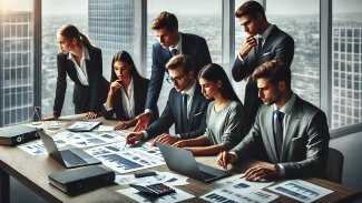 Lidé v oblecích sedící u grafů a počítačů.