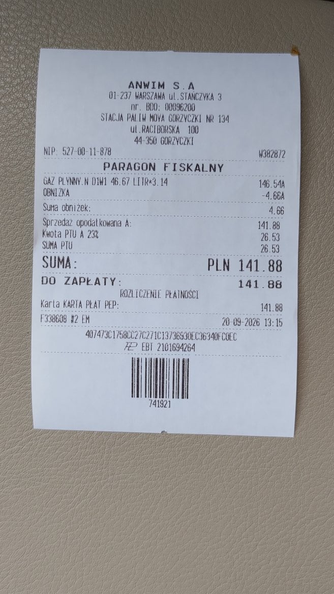Ceny pohonných hmot v neděli 20. 09. 2026. Čerpací stanice Moya, Raciborska, Gorzyczki, Polsko. Cena LPG je v přepočtu 16,95 Kč/l.