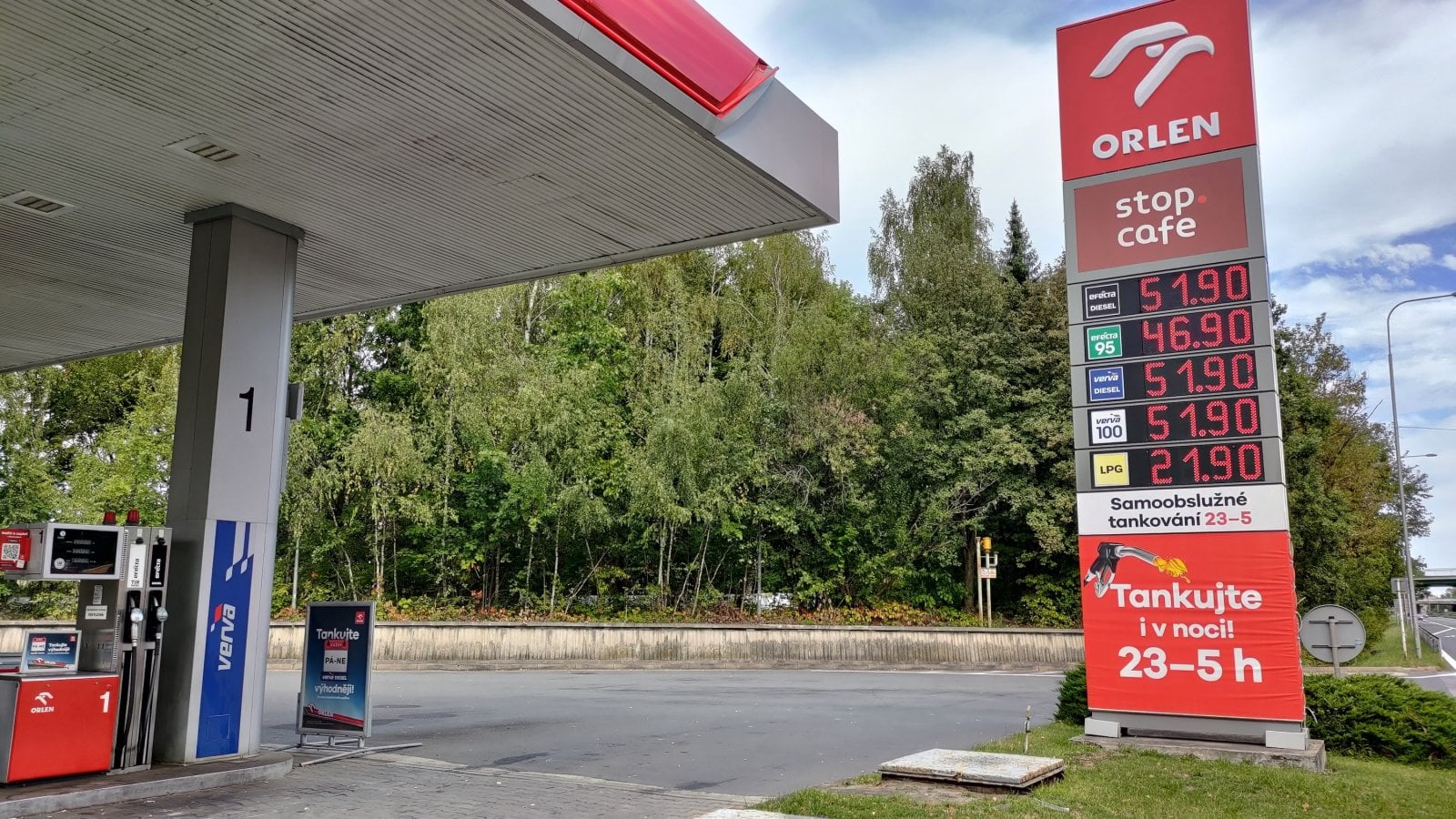 Ceny pohonných hmot v neděli 20. 09. 2026. Čerpací stanice Orlen, Rudná, Ostrava.